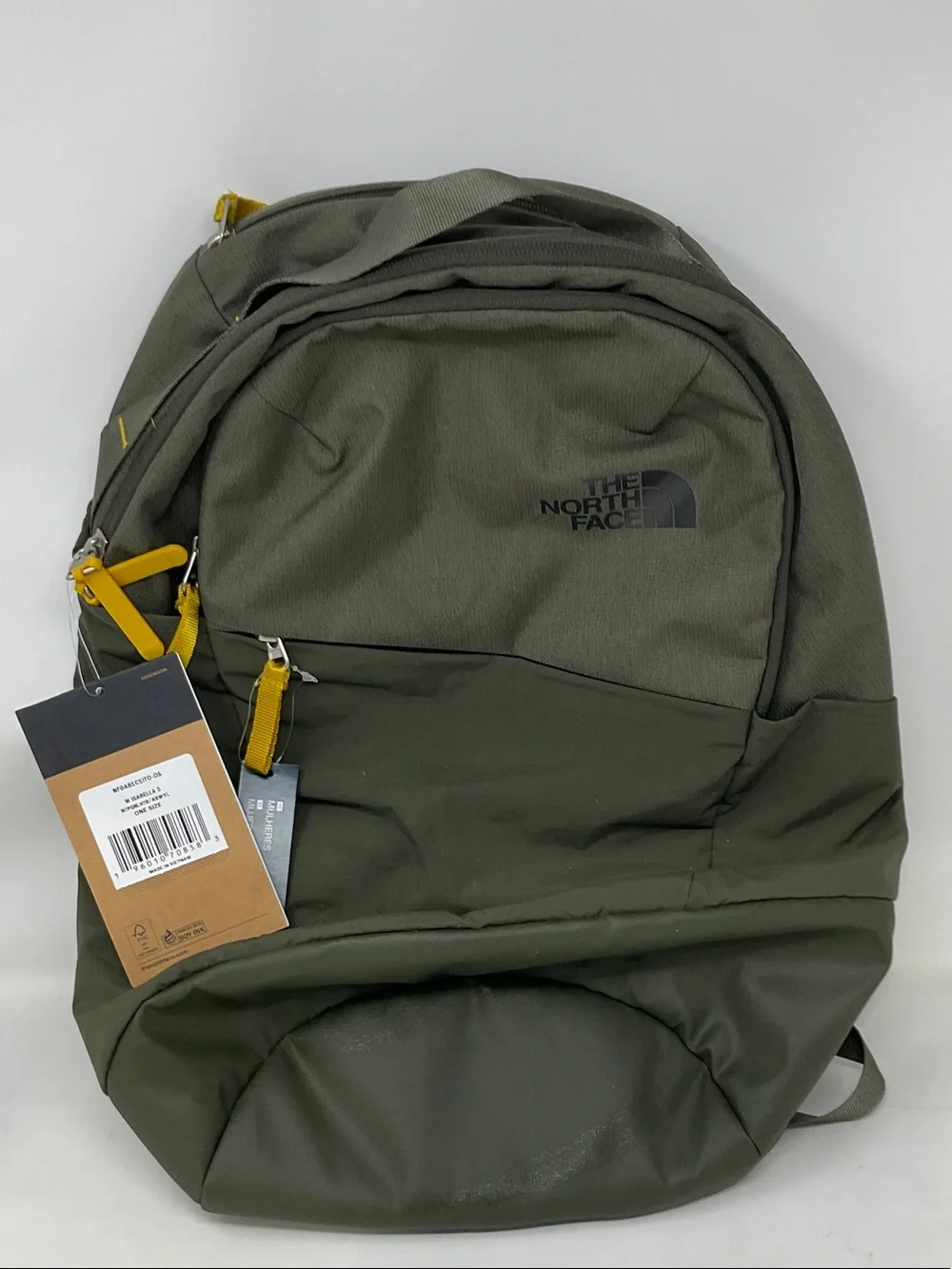 The North Face Isabella 3 Olive Green Backpack with Yellow Pull Tabs